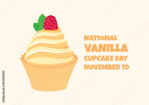 National Vanilla Cupcake Day vector. Creamy vanilla cupcake with raspberry and mint leaf icon vector. Vanilla Cupcake Day Poster, November 10. Important day