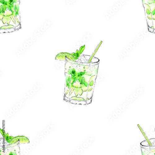 Watercolor mojito seamless vector pattern 