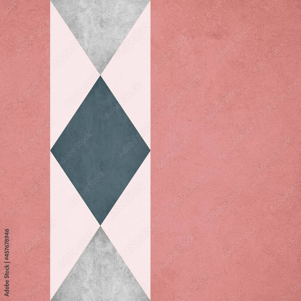 Nordic style geometrical pattern with rhombus shapes in navy blue and grey colors on pink grunge background