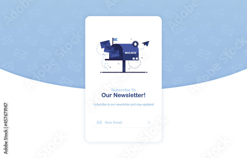 Email Subscription banner template for website. Newsletter UI. Subscribe form. Vector illustration of email marketing. Flat design. Blue. Eps 10