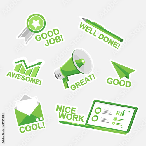 Cartoon good job and great job sticker set. Organic flat design. Green. Eps 10