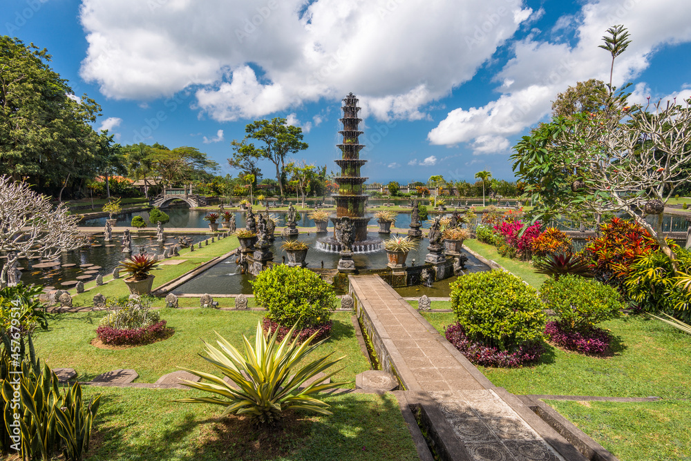Tirtagangga garden fountains on a sunny day on Bali island in Indonesia