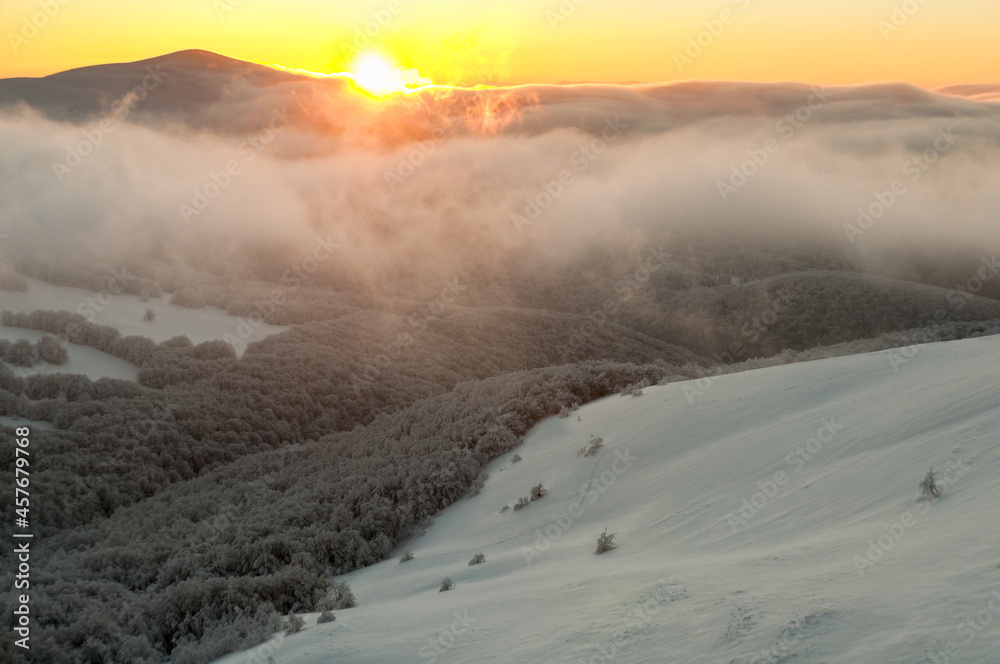 Winter sunrise seen from the top of Tarnica, Bieszczady Mountains