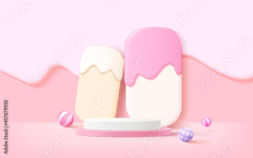Minimal 3D rendering podium scene for kids or baby product with pastel background..