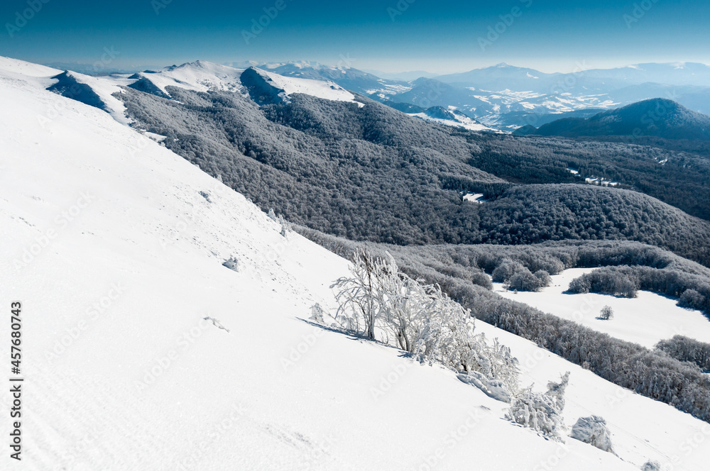 
A view of the winter Bieszczady Mountains in the Tarnica Nest, the Bieszczady Mountains