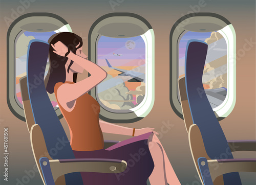 The girl on the plane near the window. Vector.