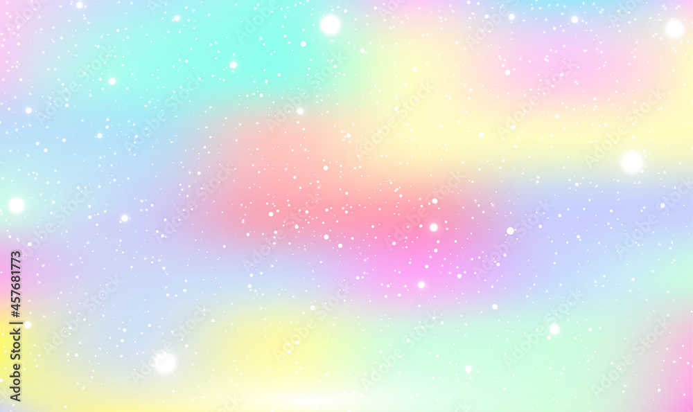 Pastel rainbow holographic cloud illustration with snow. Colorful pastel snow bokeh background. Colorful Sky Holographic Cloud Rainbow Christmas and New Year Celebration. Vector illustration