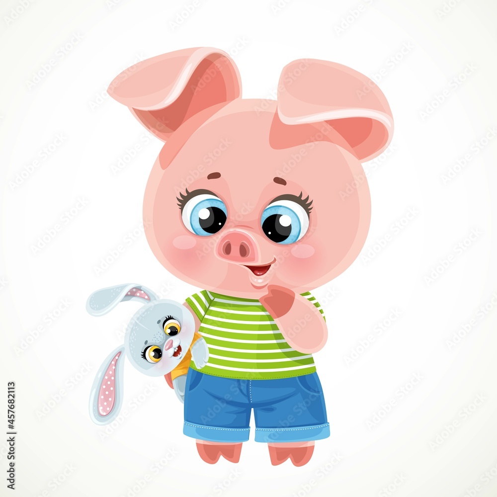 Obraz premium Cute cartoon baby piglet with bunny soft toy isolated on a white background