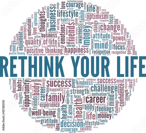 Rethink your way of living vector illustration word cloud isolated on a white background.