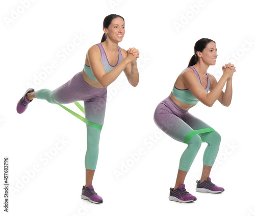 Fototapeta Naklejka Na Ścianę i Meble -  Woman doing sportive exercises with fitness elastic band on white background, collage