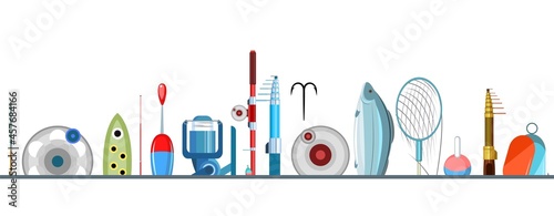 Fishing accessories. A variety of items complete set. Isolated on white background. Bottom border. Vector