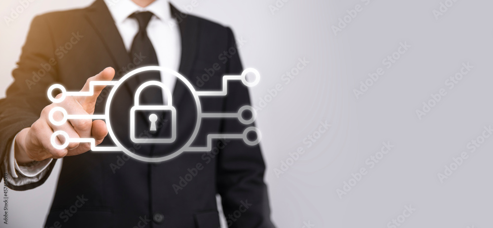 Obraz premium Cyber security network. Padlock icon and internet technology networking. Businessman protecting data personal information on tablet and virtual interface. Data protection privacy concept. GDPR. EU.