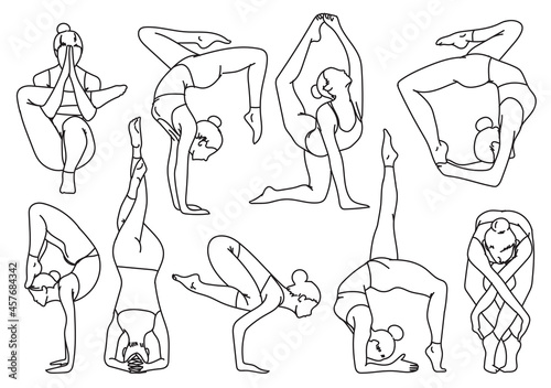 Silhouettes girl practicing yoga stretching exercises hand drawing and sketch