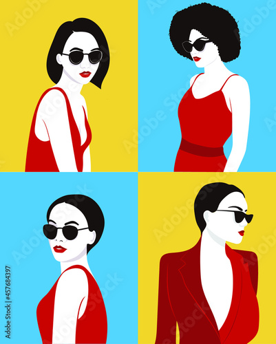 Hand drawn Fashion Women in Sunglasses illustration Vector set