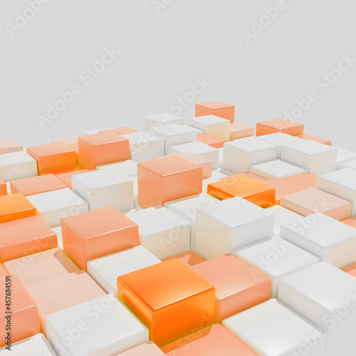 3D rendering. A background of identical cubes with rounded edges in different shades of orange and white. Angle view.