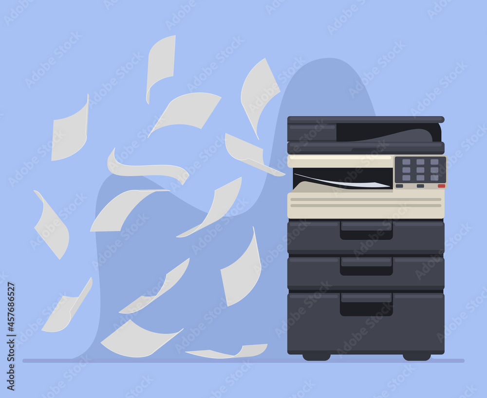 Office professional copier or printer printing documents. Printer office work multifunction printing machine vector illustration. Printer machine printing paper documents