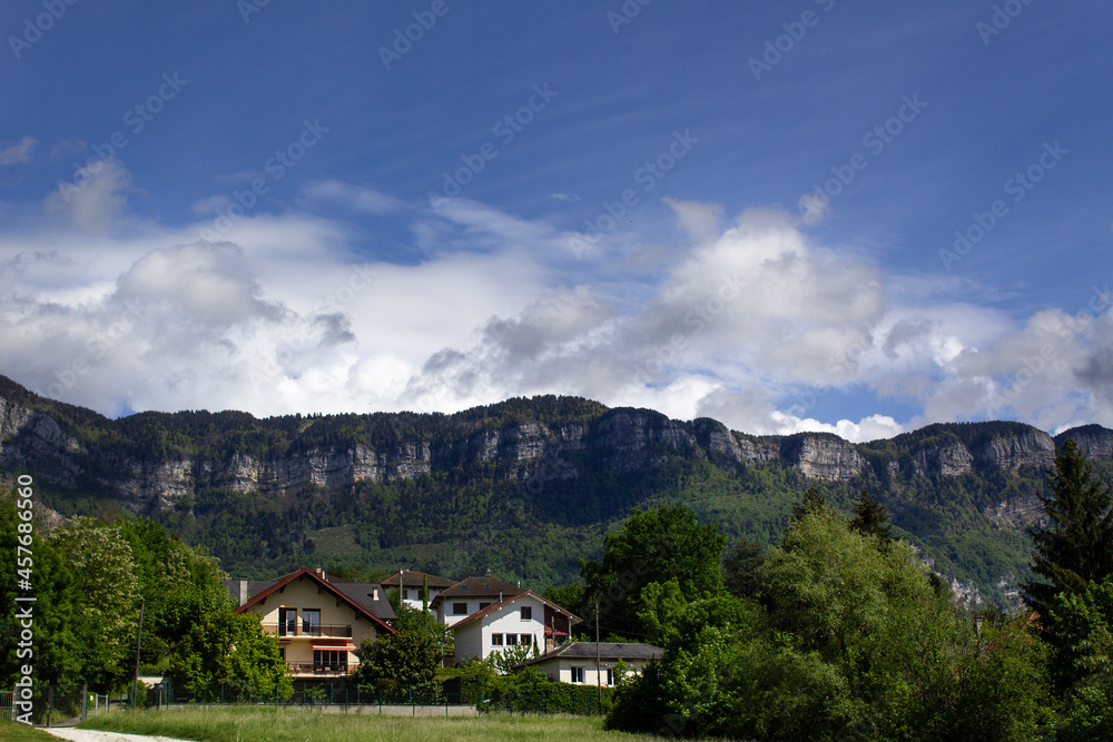 mountain revard green summer view with houses and blue sky savoie region france 