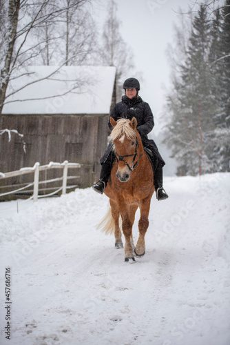 Woman horseback riding in winter in forest