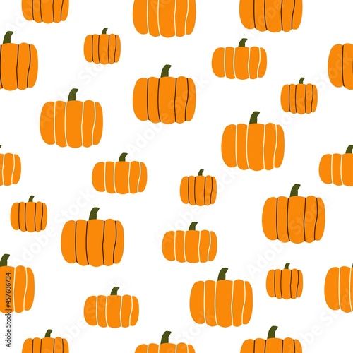Seamless pattern with hand-drawn cute pumpkins.