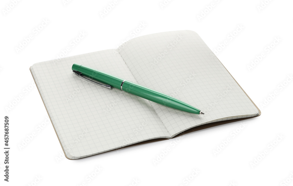 Stylish open notebook with blank sheets and pen isolated on white Stylish open notebook with blank sheets and pen isolated on white