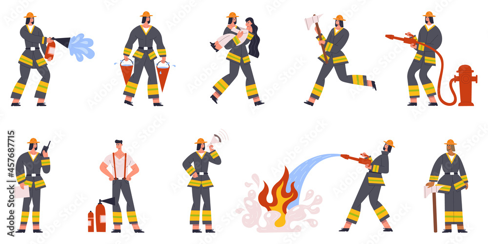 Firefighter characters emergency service watering fire and save people. Firefighting emergency situations vector illustration set. Firefighters in action poses