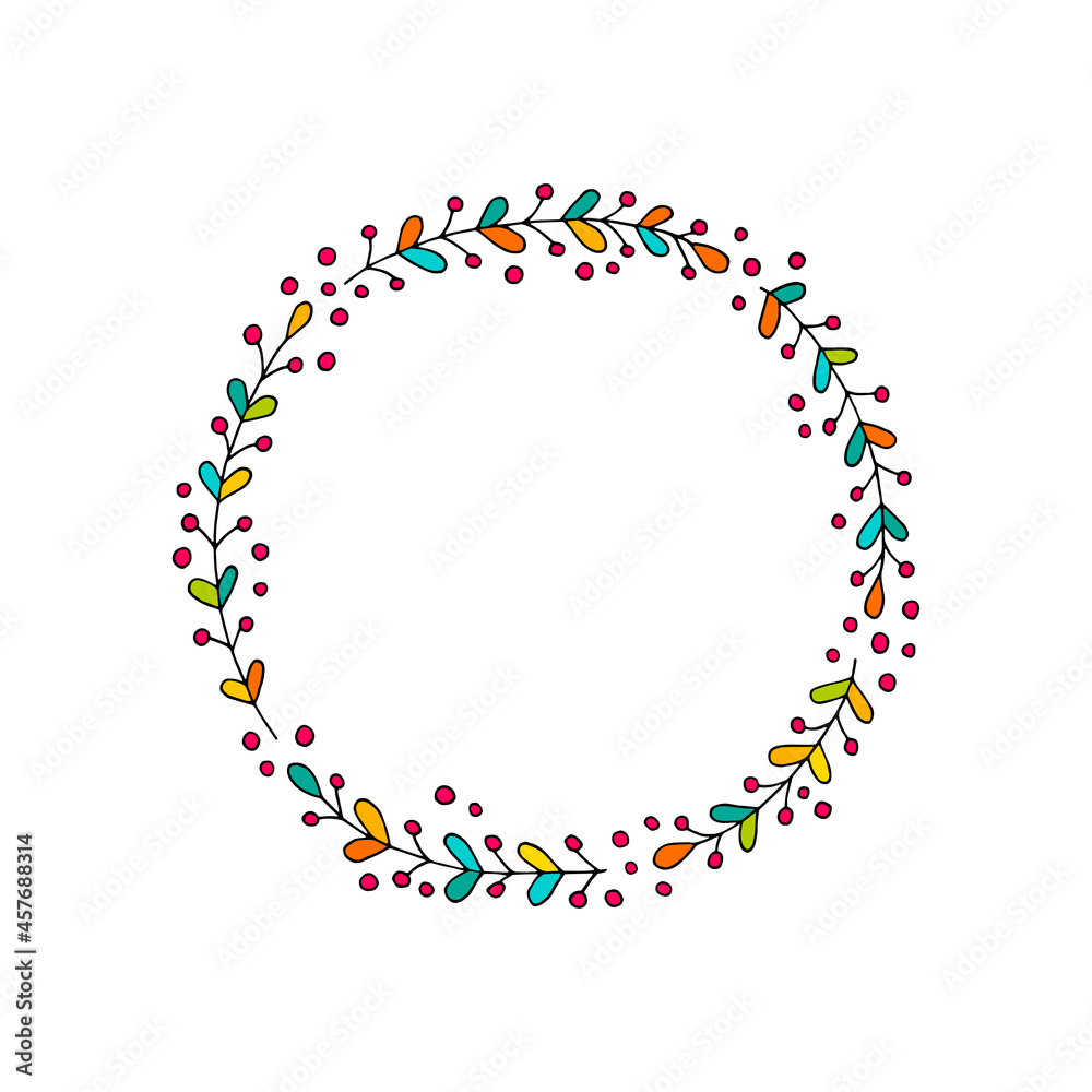 A wreath of branches and berries. Round frame from plants. Summer. Spring. Colorful leaves. Autumn. Vector. Doodle. Hand-drawn illustration.