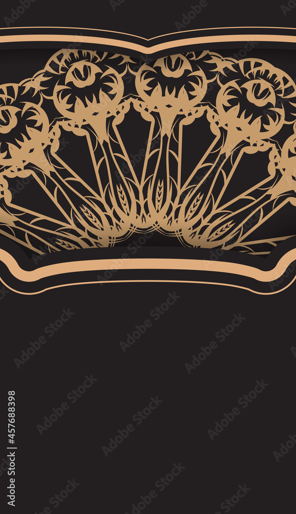 Black color greeting card template with brown mandala ornament