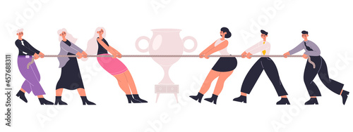 Business office team corporate professional competition metaphor. Business people team rope pulling competition vector illustration. Competing business people