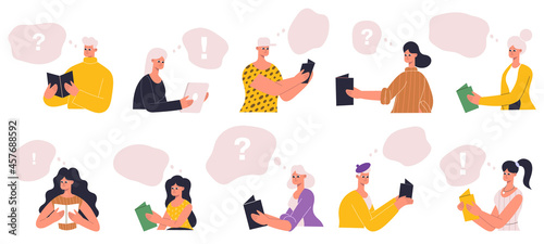 Young male, female readers portraits with paper books. Students reading books, book lovers avatars vector illustration set. Reading literature people hobby