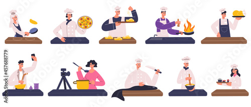 Restaurant chefs, cooks, food bloggers cooking dishes. Restaurant chefs, food bloggers, culinary show participant portraits vector Illustration set. Cooking people avatars