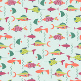 Seamless pattern with different fish. Underwater creatures. Cartoon style. Vector illustration. 
