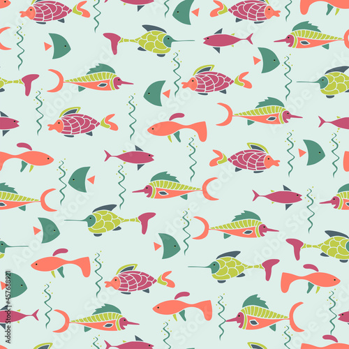 Seamless pattern with different fish. Underwater creatures. Cartoon style. Vector illustration. 