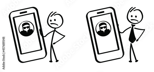 Criminals mask sunglasses. Thiefs, do steal data. A hacker using mobile phone computers. Stickman figure not happy. Vector cartoon stick figures. Online ransomware or malware to steal personal data.
