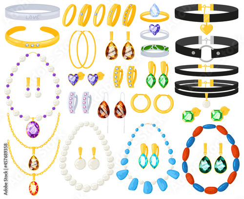Cartoon women jewellery gold silver necklaces, bracelets, earrings, rings. Women jewelry golden silver accessories vector illustration set. Jewel precious accessories
