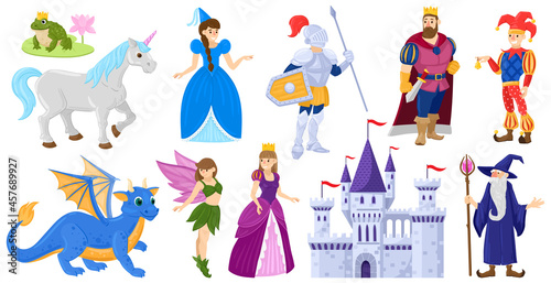 Cartoon fairy tale medieval magic world characters. Fantasy fairy tale princess, unicorn, knight, wizard, dragon vector illustration set. Fairy tale magical world heroes