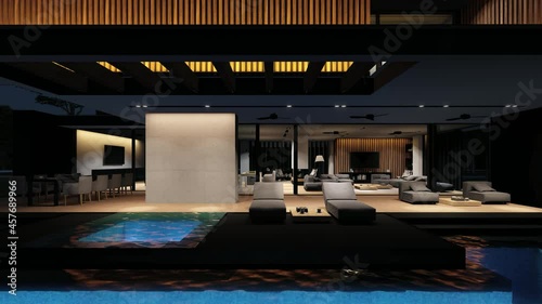 4K video rendering of modern cozy house with parking and pool for sale or rent with wood plank facade and beautiful landscaping on background. Fly-walk forward to interior