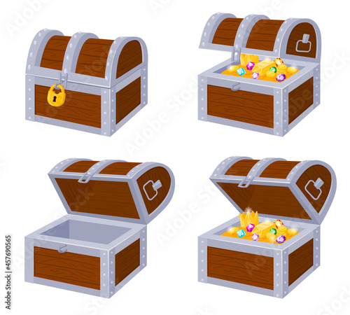 Cartoon pirate wooden chests with gold treasure, open and close. Wooden pirate trunks full golden treasures, locked and empty vector illustration set. Pirate trunk chests