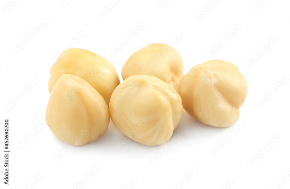 Tasty organic hazelnuts on white background. Healthy snack