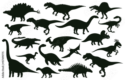 Cartoon dinosaurs  jurassic extinct dino raptors silhouettes. Jurassic extinct reptiles  ancient raptor monsters vector illustration set. Dinosaurs silhouettes