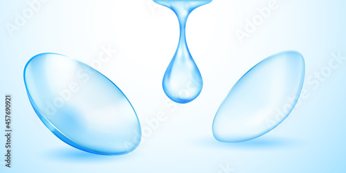 Realistic translucent contact lenses in light blue color and one big water drop