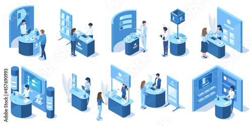 Isometric exhibition expo demonstration promotional 3d stands. Exhibition promo stand, expo workers and visitors characters vector illustration set. Trade expo stands