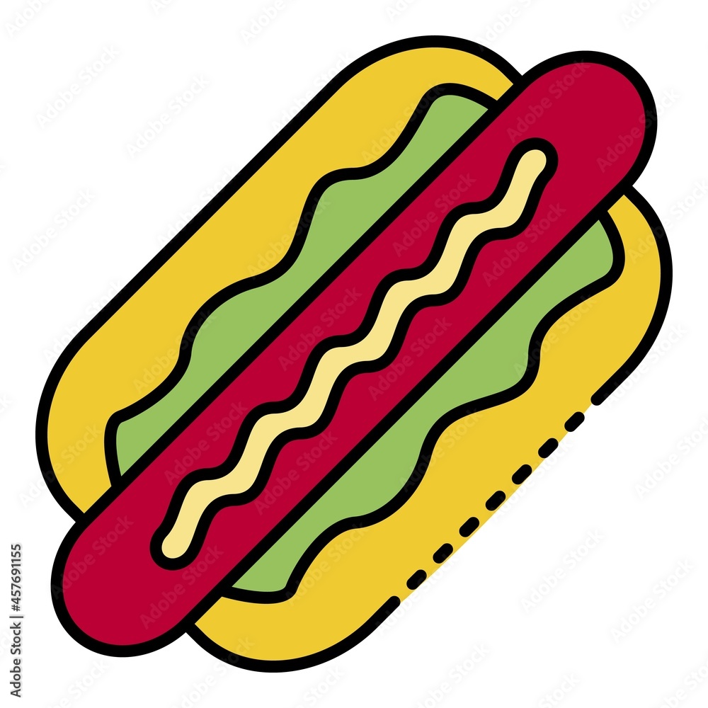 Tasty hot dog icon. Outline tasty hot dog vector icon color flat isolated