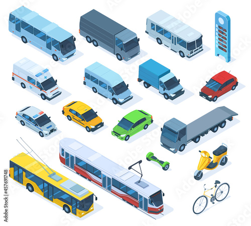 Isometric 3d transport, sedan, bus, ambulance car, truck, bicycle. Public city transport, tram, trolleybus and police car vector illustration set. Urban public vehicles