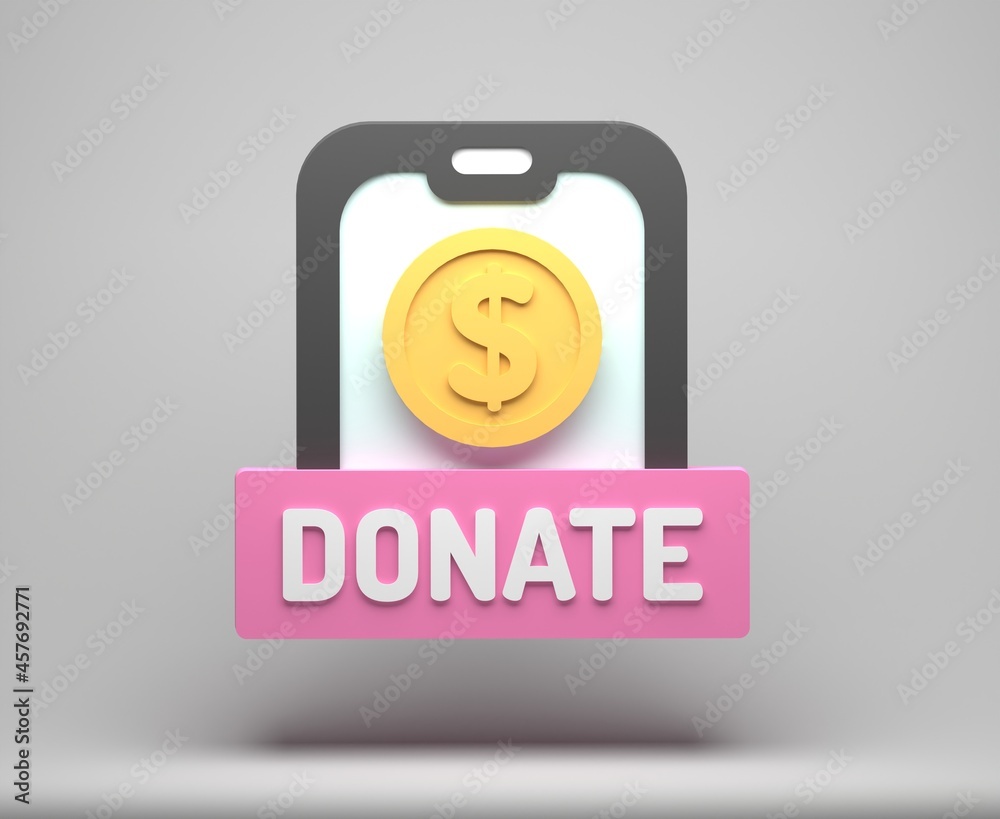 Donation coin with mobile phone. Donation and charity concept. 3D Rendering Illustrations. Donation coin with mobile phone. Donation and charity concept. 3D Rendering Illustrations.
