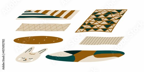 Set carpets various shapes, colors. Floor covering, interior decor, combined with fringe at edges, cozy home, isolated white background, Cartoon vector illustration. Children, kitchen, picnic, prayer.