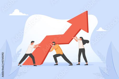 Man and woman carrying ascending arrow chart together. Concept of team effort, teamwork, collective work for progress.