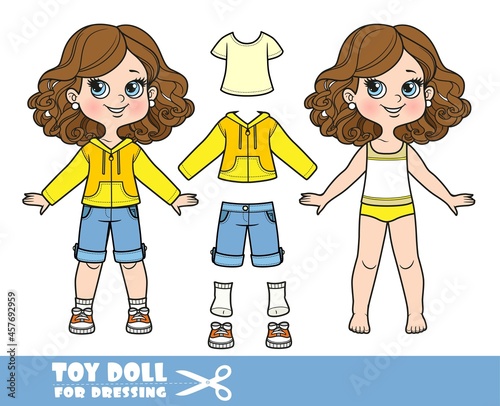 Cartoon girl with lush curly chestnut hairstyle dressed and clothes separately -  Hoodie, t-shirt, denim breeches and sneakers doll for dressing