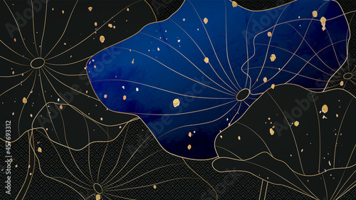 Luxury banner with gold and blue lotus leaves patterned on background.
