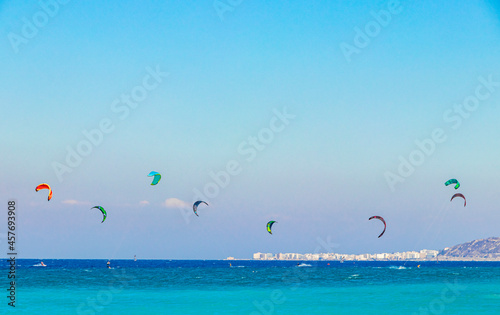 Fototapeta Naklejka Na Ścianę i Meble -  Relax windsurfing vacation and turquoise waters Kremasti beach Rhodes Greece.