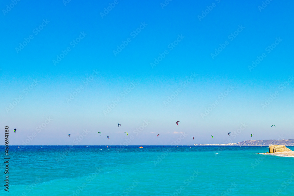 Relax windsurfing vacation and turquoise waters Kremasti beach Rhodes Greece. Relax windsurfing vacation and turquoise waters Kremasti beach Rhodes Greece.